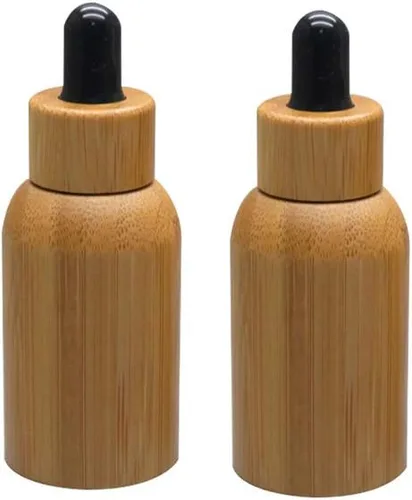 Vista 2 de Botellas cuentagotas de vidrio ámbar con cáscara de bambú de 0.51 onzas líquidas, rellenables, vacías, frascos cuentagotas con pipetas, botellas