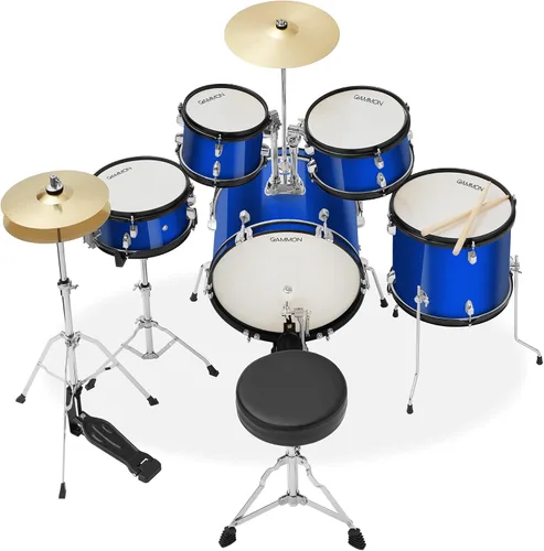 Vista 2 de Gammon Percussion Kit de batería de arranque junior de 5 piezas con platillos, hardware, palos y trono, color azul