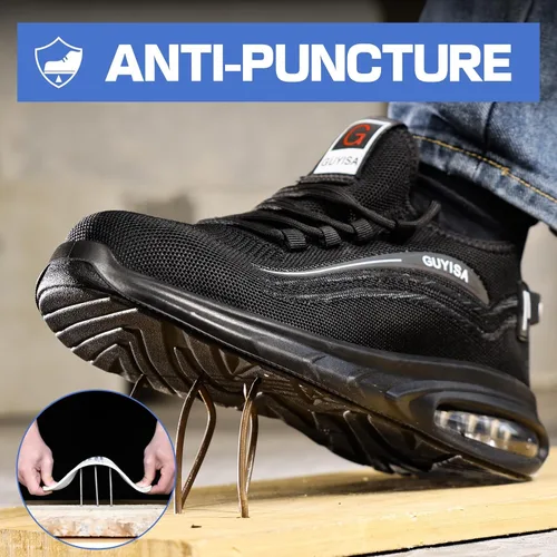 Vista 4 de GLANOUDUN Zapatos de punta de acero para hombre, zapatos de trabajo negros, zapatos de seguridad ligeros para hombres, zapatos de seguridad