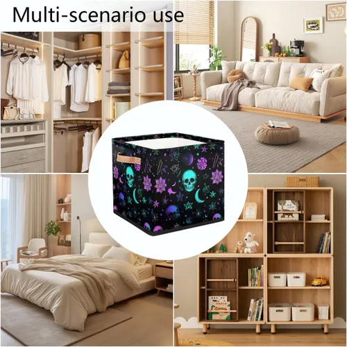 Vista 7 de Cube Storage Bins for Shelves, Neon Blue And Purple Skull Flower Decorative Fabric Organizer Box with Handles for Living Room, Dorm Room, Classroom