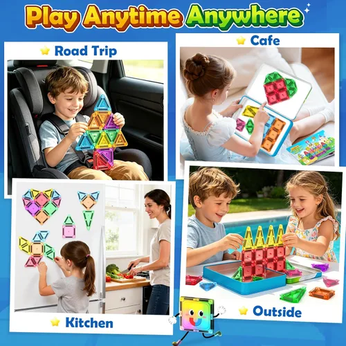 Vista 4 de Soyee Mini azulejos magnéticos de viaje, 60 piezas con estuche de lata de metal, juguetes esenciales de viaje, juguetes de viaje para niños
