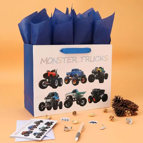 Vista 5 de Juego de bolsas de regalo de cumpleaños grandes de 13 pulgadas con tarjeta de felicitación y papel de seda (diseño de camiones monstruo) para niños
