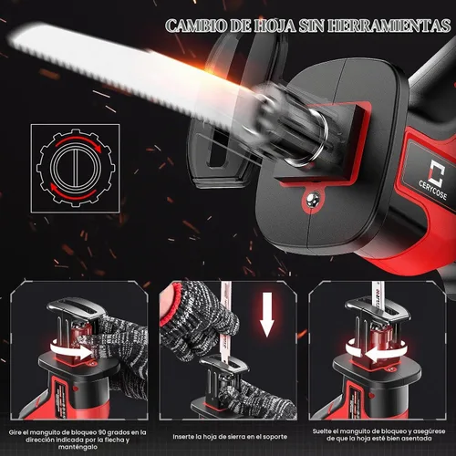 Vista 5 de Cerycose Sierra recíproca inalámbrica sin escobillas, compatible con baterías Milwaukee de 18 V, cambio de hoja sin herramientas, incluye 4 hojas