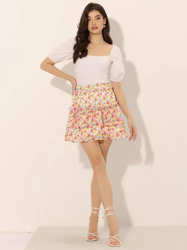 Vista 3 de Allegra K Minifalda floral acampanada con cintura elástica y dobladillo con volantes en capas para mujer