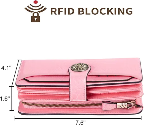 Vista 4 de Travelambo Cartera para mujer, de gran capacidad, con bloqueo RFID, de piel auténtica, cartera