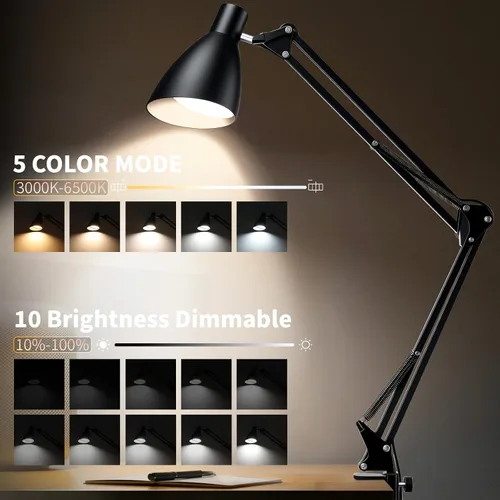 Vista 2 de Lámpara de escritorio con brazo oscilante con abrazadera, brazo ajustable con abrazadera LED en lámparas de escritorio con 5 modos de color y 10