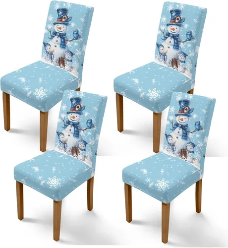 Vista 24 de Rnyleeg Fundas de silla de Navidad para sala de estar, diseño de muñeco de nieve azul, estampado de pájaros, fundas para sillas de comedor, 1