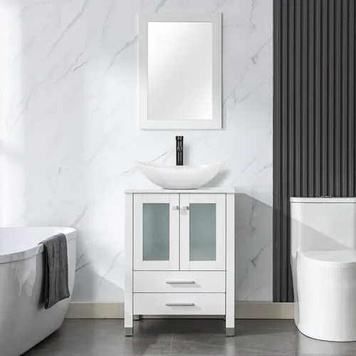 Vista 28 de LUCKWIND Combinación de tocador de baño de 24 pulgadas con lavabo, serie elegante con marco pintado, armario de almacenamiento de baño de dos