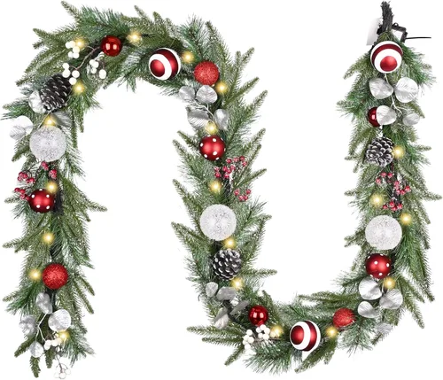 Vista 9 de Valery Madelyn - Guirnalda de Navidad de 1.8 m preiluminada con luces para manto, guirnalda navideña iluminada para exteriores con bolas rojas