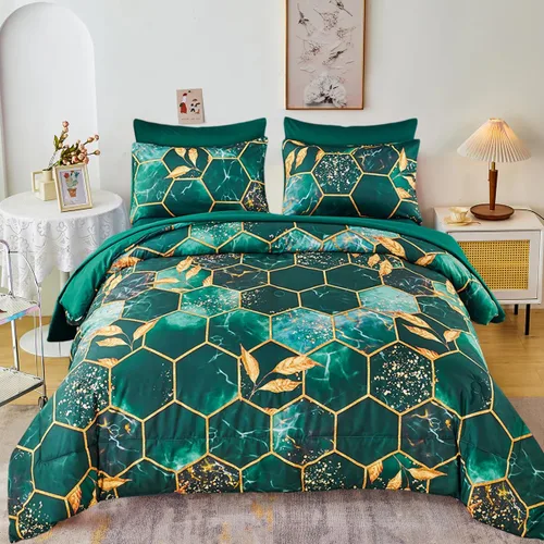 Vista 11 de ZRNBAST - Juego de edredón de nido de abeja negro de tamaño completo de 7 piezas, ropa de cama hexagonal suave y ligera, de mármol para todas