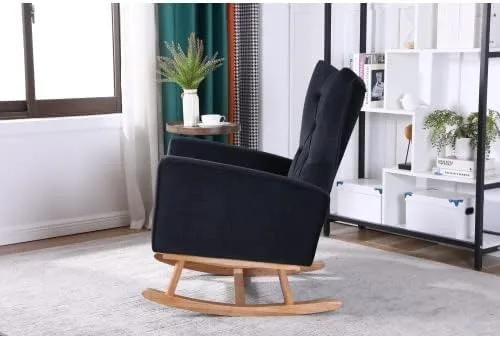 Vista 5 de Mecedora tapizada de terciopelo, asiento acolchado con respaldo alto, silla auxiliar cómoda para sala de estar, dormitorio, oficinas (negro)