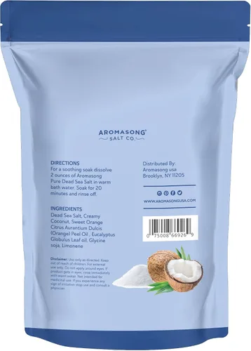 Vista 7 de Aromasong Sal del Mar Muerto – Sal de baño de grano fino con aroma a coco de 14 onzas – 100% pura y natural – Remojar para mujeres y hombres