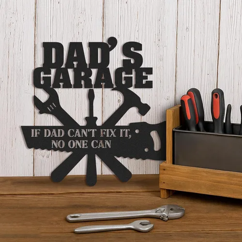 Vista 2 de Letreros de garaje personalizados para hombres, letrero de garaje para papá, letrero personalizado de metal para exteriores, decoración de cueva