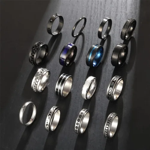 Vista 7 de FAXHION - Anillos de acero inoxidable para la ansiedad para hombres mujeres niños y niñas juego de anillos para la ansiedad negros y plateados