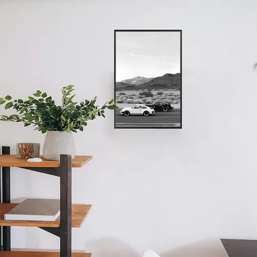 Vista 7 de Póster retro de auto en blanco y negro, lienzo de superdeportivo, arte de pared para amantes del automóvil, puesta de sol, paisaje de montaña