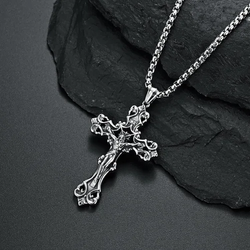 Vista 4 de Collar con colgante de cruz de oración del Señor de acero inoxidable con crucifijo de Jesucristo y versículo bíblico para hombresniñosmujeres