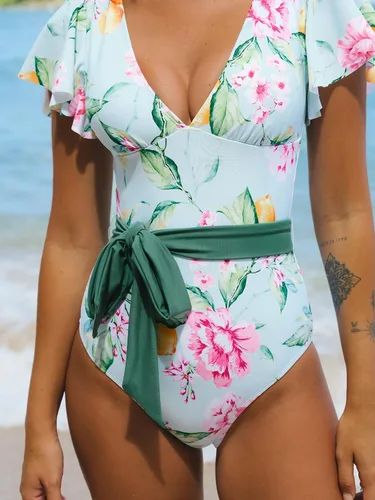Vista 4 de CUPSHE Traje de baño de una pieza con cuello en V para mujer, estampado floral, con lazo en la cintura extraído
