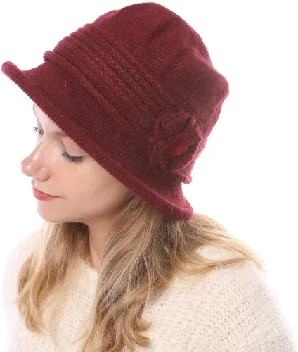 Vista 56 de C-US - Gorro de punto cálido para mujer, con visera de ganchillo con acento de flores