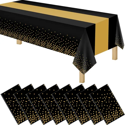 Vista 16 de Manteles de plástico desechables 2 en 1 de 54 x 108 pulgadas, mantel rectangular de cocina con lunares negros y azules, para boda, cumpleaños, baby