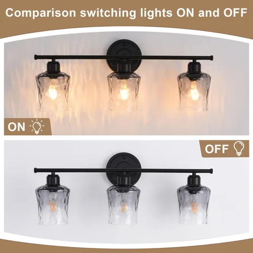 Vista 7 de Lámpara de baño de 3 luces, lámpara de tocador negra mate con pantalla de vidrio gris, moderna lámpara de pared de baño E26 para sobre espejo