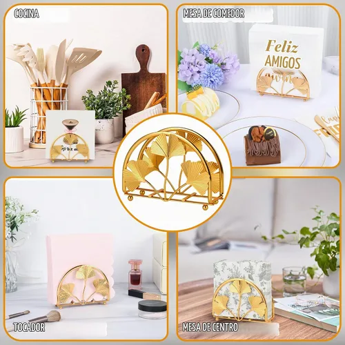 Vista 4 de Servilletero de hojas de ginkgo dorado para mesa, elegantes servilleteros para servilletas de papel, servilletero, servilleta de cóctel de una pieza