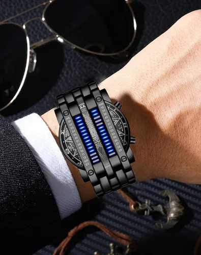 Vista 28 de Binary Matrix Blue led - Reloj Digital para hombre, moda clásica y creativa, color negro chapado