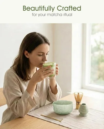 Vista 8 de Juego de batidor de matcha, kit de 4 piezas con cuenco de matcha de cerámica, batidor de bambú, soporte para batidor, scroop - Juego completo de té