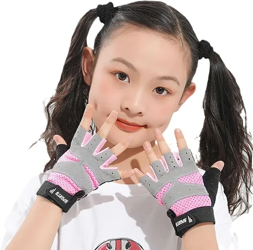 Vista 4 de Girls Half Finger Bike Gloves Fingerleses Cycling Non Slip Sun Protection Riding Gloves for Youth Kids 3-8T 7-15T