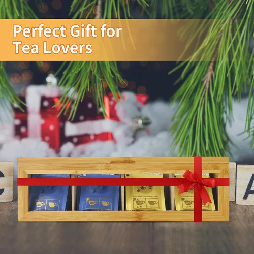 Vista 7 de Organizador de bolsas de té, soporte para bolsas de té de bambú, con tapa magnética y ventana, 4 compartimentos para almacenamiento de bolsas de té