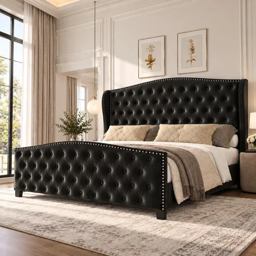 Vista 13 de LARMACE Base de cama tamaño Queen con tapizado de terciopelo, cama de plataforma con cabecera y pie de ala, base de cama con botones profundos
