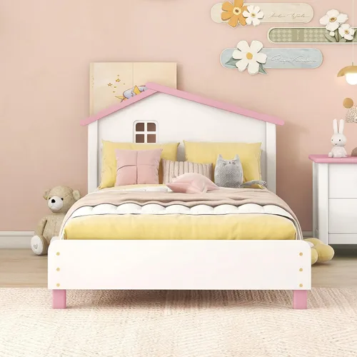 Vista 25 de Cama de plataforma de madera de tamaño individual con cabecera en forma de casa, soporte de listones de madera, para dormitorio de niños, niñas