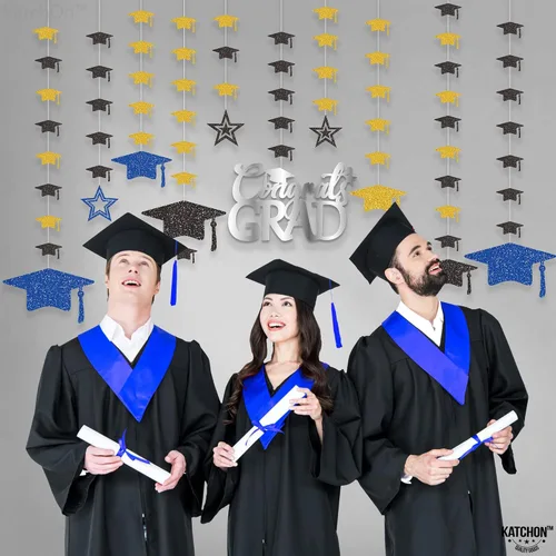 Vista 5 de KatchOn, Guirnalda de gorra de graduación con purpurina, 12 cuerdas, sin bricolaje, decoraciones de graduación azules y doradas 2025, decoraciones