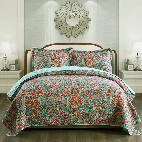 Vista 16 de NEWLAKE - Juego de cubrecama reversible de microfibra bordada con patrón floral en relieve en jacquard beige, tamaño queen