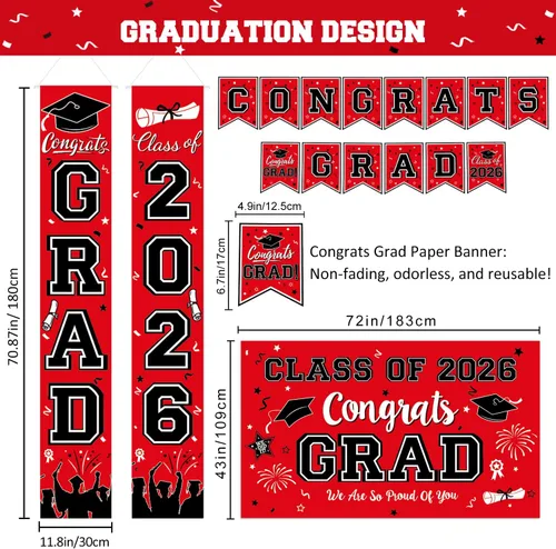 Vista 3 de Decoraciones de graduación 2026, juego de decoraciones de graduación rojo y negro con pancarta y telón de fondo de felicitaciones, letrero