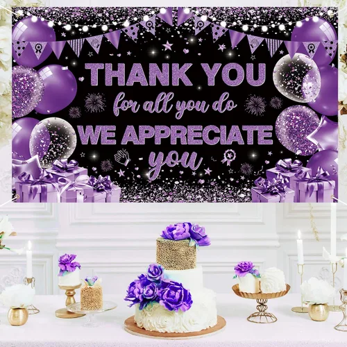 Vista 3 de Vlipoeasn Decoraciones de Pancarta We Appreciate You, Pancarta de Fondo Negro Morado Thank You for All You Do Panal de Abeja, Decoración de Oficina