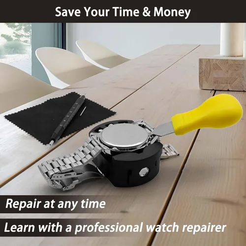 Vista 6 de Kit de reparación de relojes, kit profesional de reemplazo de batería de reloj GLDCAPA, herramientas de reparación de relojes con estuche