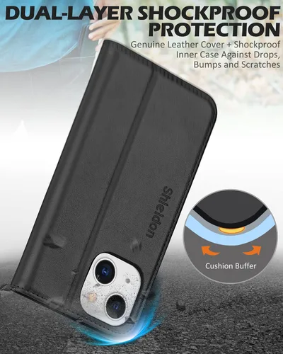 Vista 6 de SHIELDON - Funda tipo cartera de piel auténtica para iPhone 13 Mini de 5.4 pulgadas 2021, color negro Magnetic Closure, RFID Blocking, Credit Card