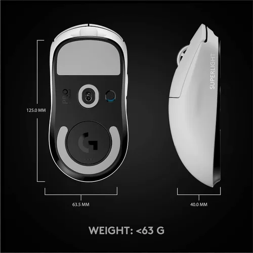 Vista 8 de Logitech G PRO X SUPERLIGHT - Mouse inalámbrico para juegos, ultraligero, sensor HERO 25K, 25,600 DPI, 5 botones programables, larga duración