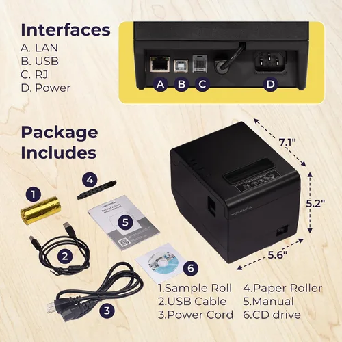 Vista 5 de Impresora de Recibos Térmica Volcora, Impresora POS de 80 mm con Cortador Automático, Interfaz USB/Ethernet para Windows/MAC/Linux, Soporte