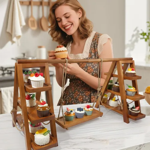 Vista 3 de Tnstbiee Soporte de Cupcake Rústico de 3 Niveles - Soporte de Madera para Pasteles, Postres y Frutas - Bandejas Desmontables y Diseño Plegable