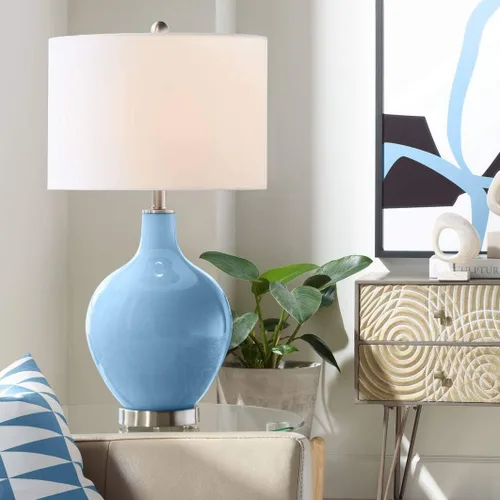 Vista 19 de Color + Plus Lámpara de mesa moderna de 28.5 pulgadas de alto, cristal azul Mónaco OVO blanco con pantalla de tambor de lino para sala de estar