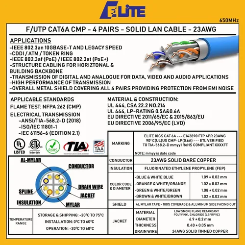 Vista 6 de CAT6A Plenum blindado (CMP), 1000 pies, FTP 23AWG, cobre puro sólido, 650 MHz, 10 Gb, certificado UL, certificación UL-LP, carrete de cable Ethernet