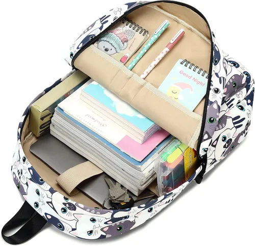 Vista 6 de Joymoze Bolsa de libros resistente al agua para adolescentes con bolsa de almuerzo y monedero para lápices Gato