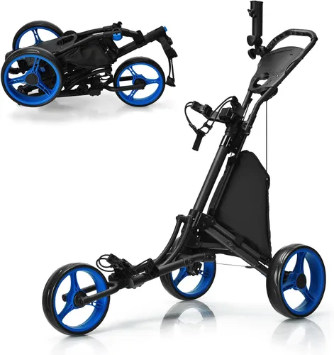 Vista 10 de Tangkula Carrito de golf de empuje, carrito de empuje plegable de aluminio ligero de 3 ruedas, carrito de golf con correa elástica, paraguas y Gris