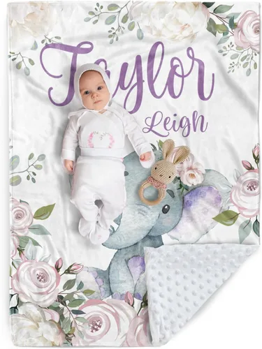 Vista 14 de Manta de bebé personalizada, manta de felpa suave con respaldo de puntos de doble capa para niños y niñas, nombre personalizado con diseño de animal