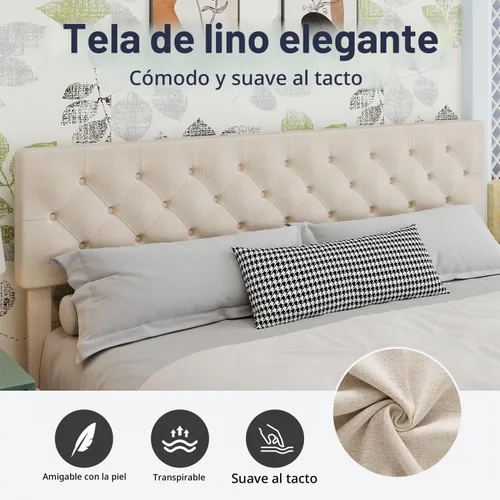 Vista 4 de BarnFurin Base de cama tamaño King, plataforma tapizada con cabecera capitoné con botones, marco de cama de tela con soporte de listones de madera