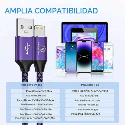 Vista 7 de Cargador para iPhone Paquete de 5, Cable Lightning USB de 10 pies, Cable Certificado Apple Mfi, Cable de Carga Rápida Trenzado de Nylon Compatible