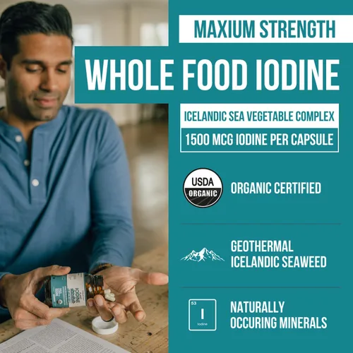Vista 2 de Suplemento de yodo orgánico – 1,500 mcg de yodo, máxima potencia – de complejo de vegetales marinos, alimento integral y forma cruda – Contiene
