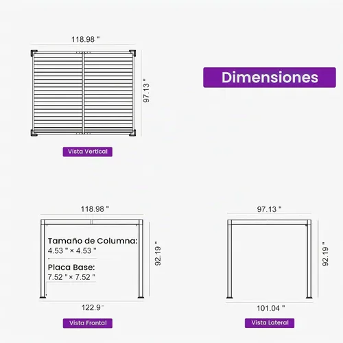 Vista 3 de PURPLE LEAF Pérgola con listones 92KS de 8 x 10 pies con tira LED regulable solar integrada, techo ajustable de aluminio a prueba de lluvia
