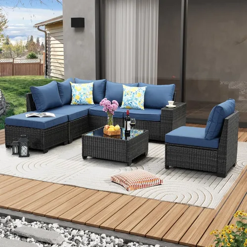 Vista 17 de JOYURE Juego de muebles de patio de 5 piezas, para todo tipo de clima, para exterior, sofá seccional de mimbre, sofá de ratán para patio con cojín